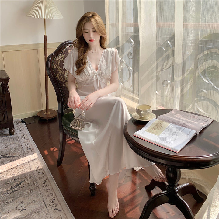 Lace Suspender Short Sleeved Long Skirt For Home Wear