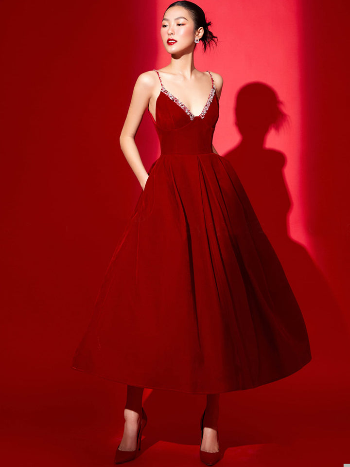 Deep V Neckline Suspender Sexy Backless Sleeveless Velvet Crimson Princess Dress - JOcaste