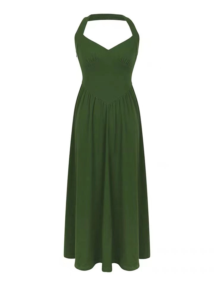 Vintage Dark Green Waistband Halter Dress