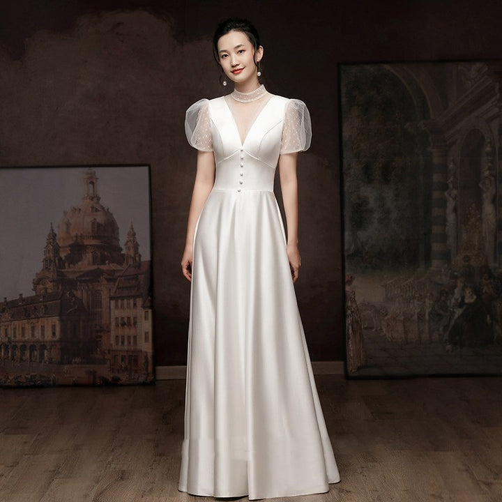 White Engagement Wedding Dress Female French Satin Light Wedding Dress - JOcaste