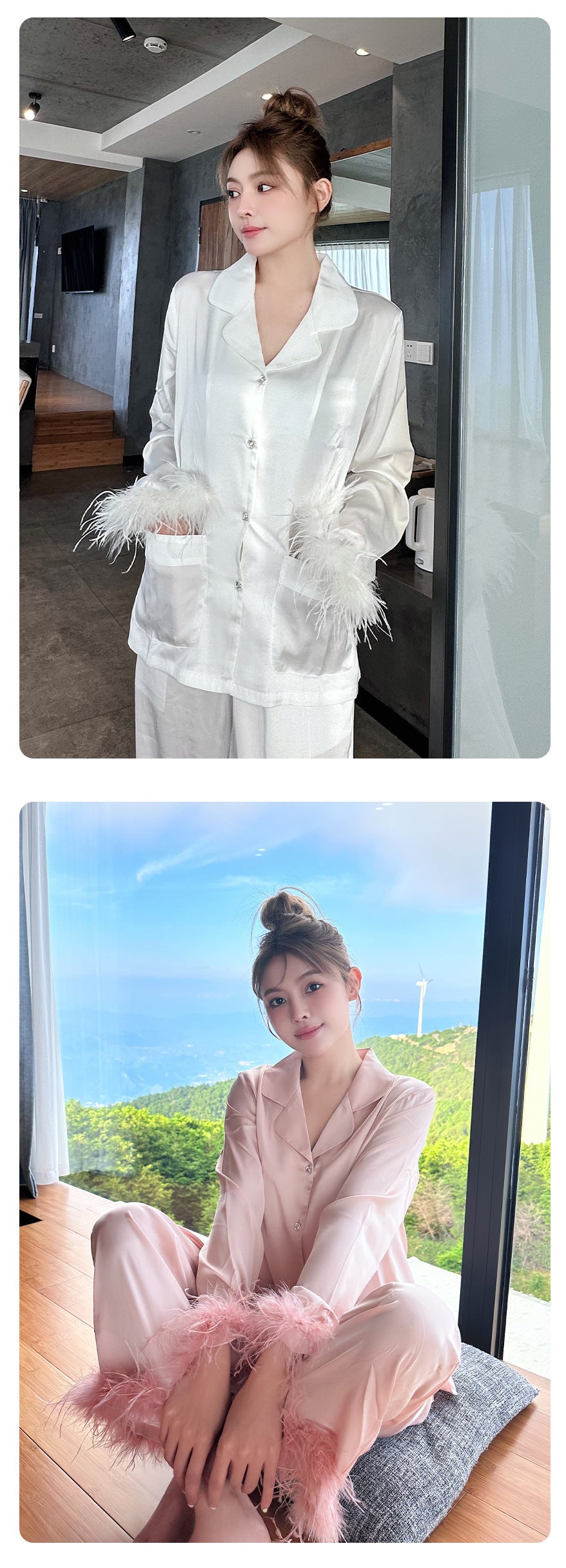 Ice Silk Satin Pajamas Feather Sleeve Homewear