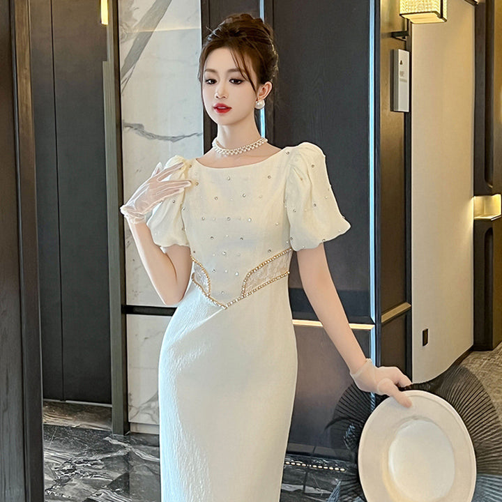 Round Neck Puff Sleeve Slim Fit Dress Women