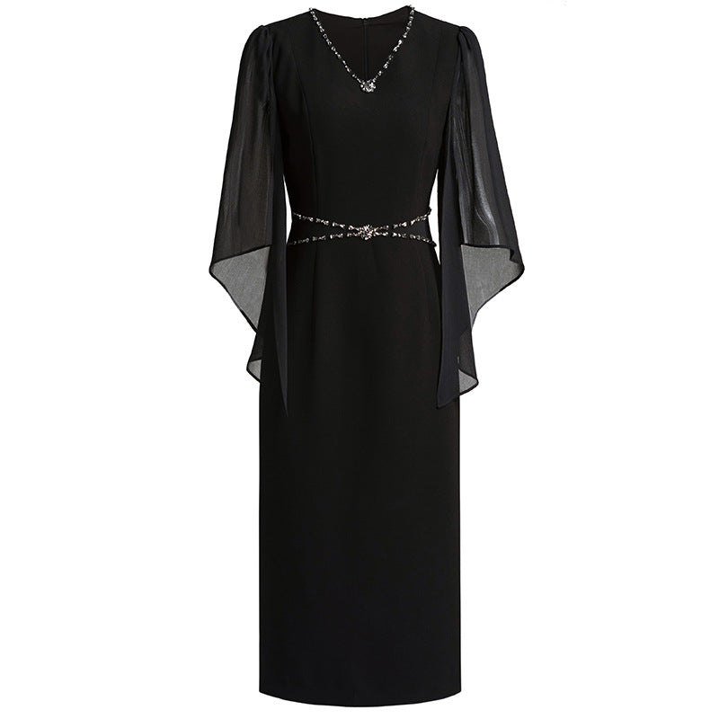 V-neck Studded Diamond Cape Yarn Sleeve Wrap Hip Skirt