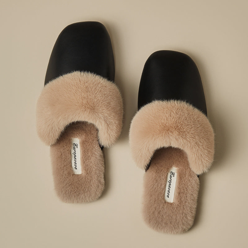Women’s Fur Collar Home Slippers - Warm PU Upper, Simple Design, Sizes 36-45