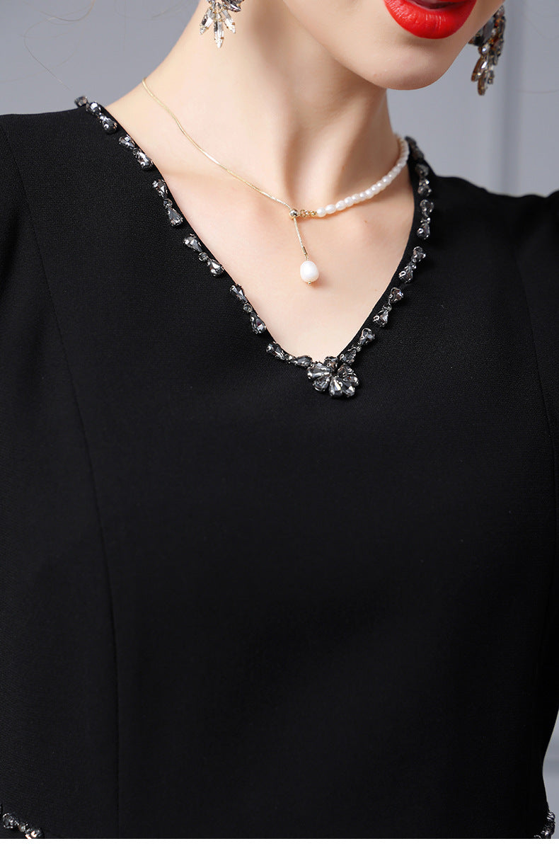 V-neck Studded Diamond Cape Yarn Sleeve Wrap Hip Skirt