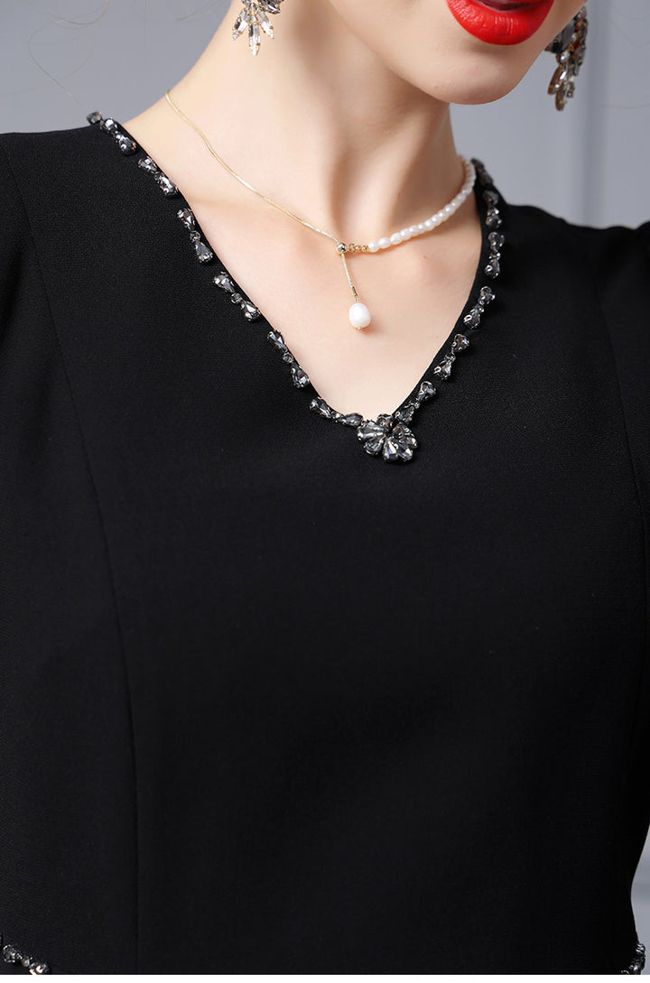 V-neck Studded Diamond Cape Yarn Sleeve Wrap Hip Skirt