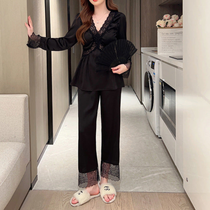 French Style Satin Chiffon Pajama Set – Long Sleeve & Pants Two-Piece for Women-SH-PJS-0106