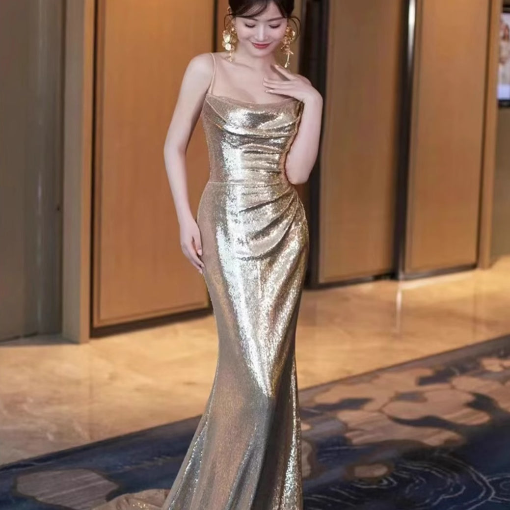 Gold Evening Women Backless Sequin Sling Fishtail Dress