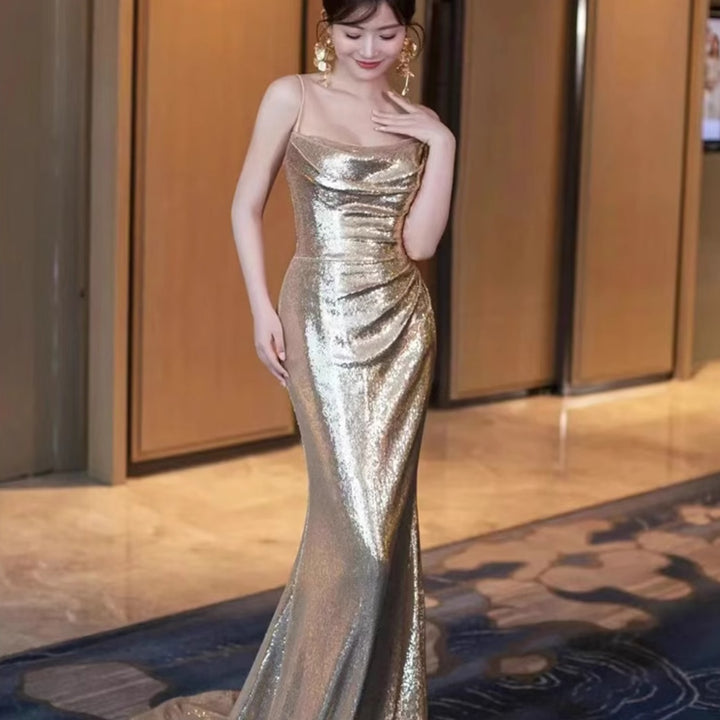 Gold Evening Women Backless Sequin Sling Fishtail Dress