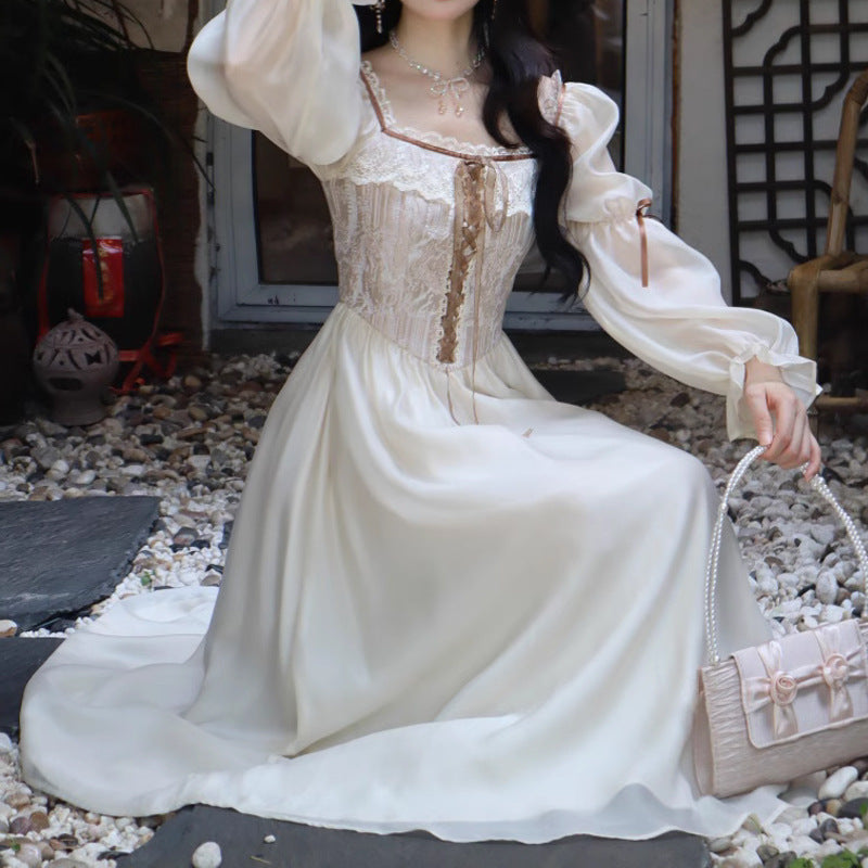 French Retro Long Dress Court Style Square Collar
