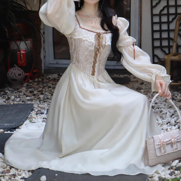 French Retro Long Dress Court Style Square Collar
