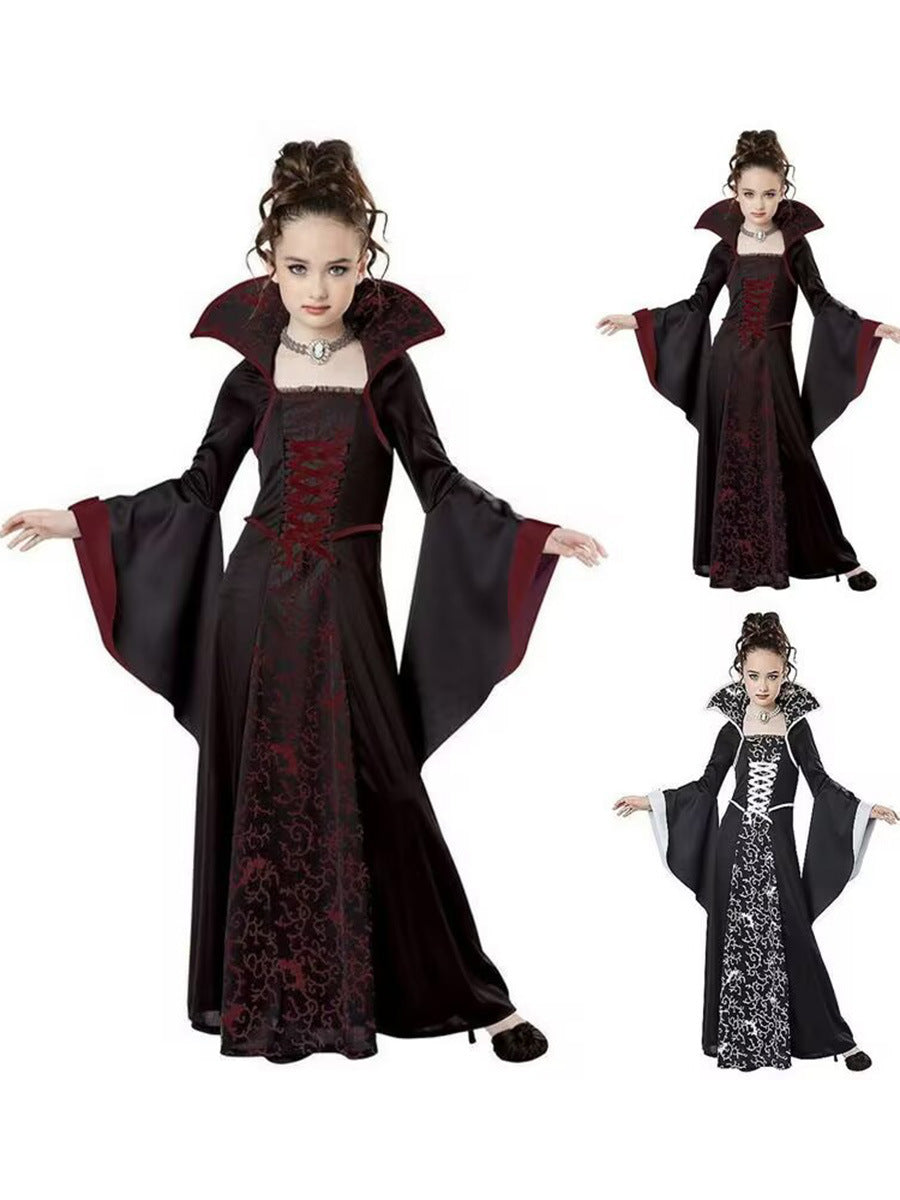 Children's Halloween Costume Witch Retro Lace Up Stand-up Collar Flared Sleeves Printed Maxi Dress - JOcaste