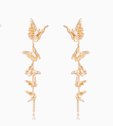Vintage Gold Butterfly Tassel Earrings – Multi-Layer Design with Cubic Zirconia & S925 Silver Needle-SH-FJ-020