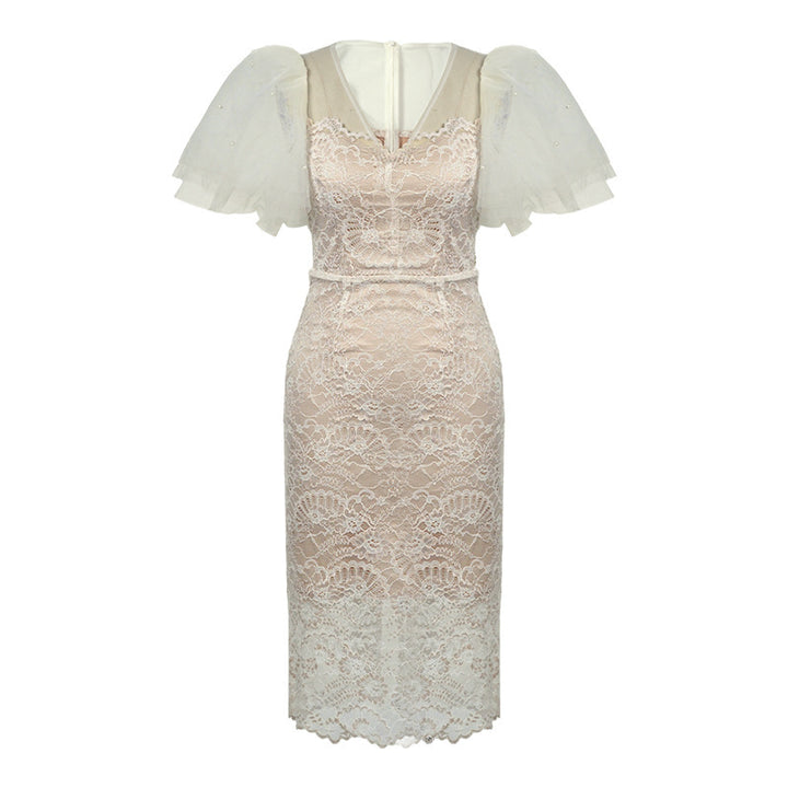 French Mesh Puff Sleeve Waist Lace Dress Women