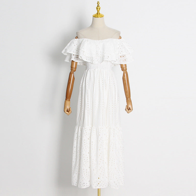 Double Layer Lotus Leaf Off Neck Embroidered Dress