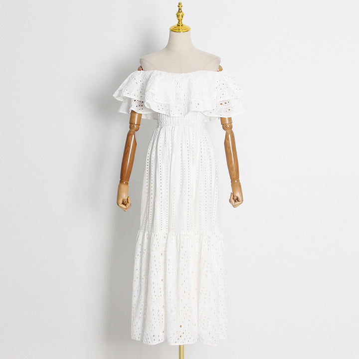 Double Layer Lotus Leaf Off Neck Embroidered Dress