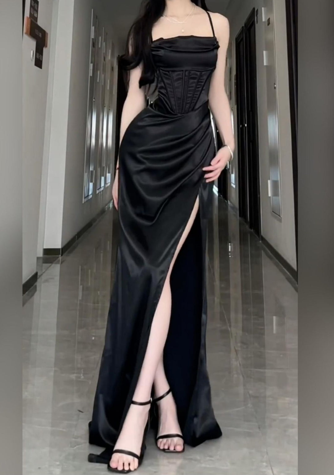 Long Formal Plus Size Black Slit Sling Dress