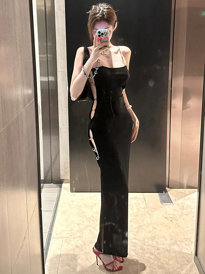 Slim-fit Slit Hip-wrapped Hollow Red Sling Dress