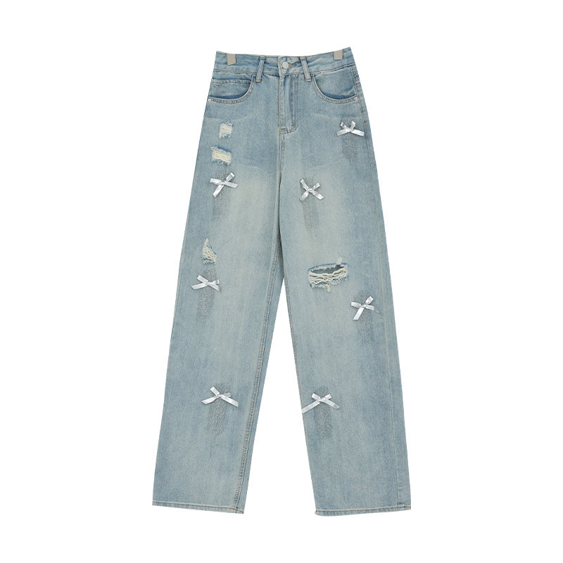 Retro Bow Wide-Leg Ripped Jeans – High Waist Straight-Leg Pants -SH-BT-021