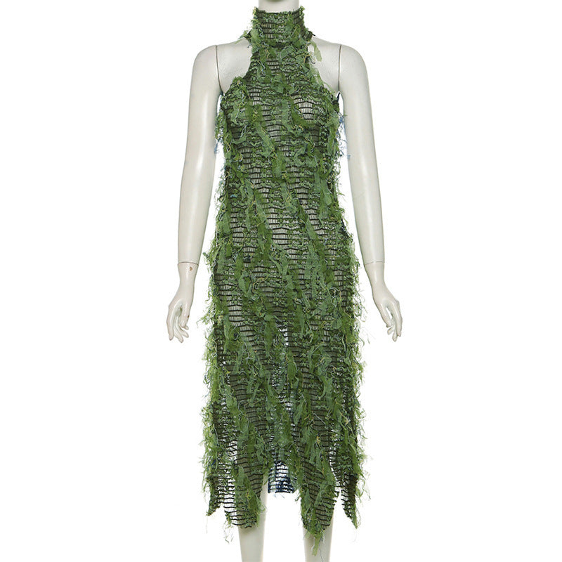 Fashion High Collar Hot Girl Hollow Backless High Waist Stitching Dress