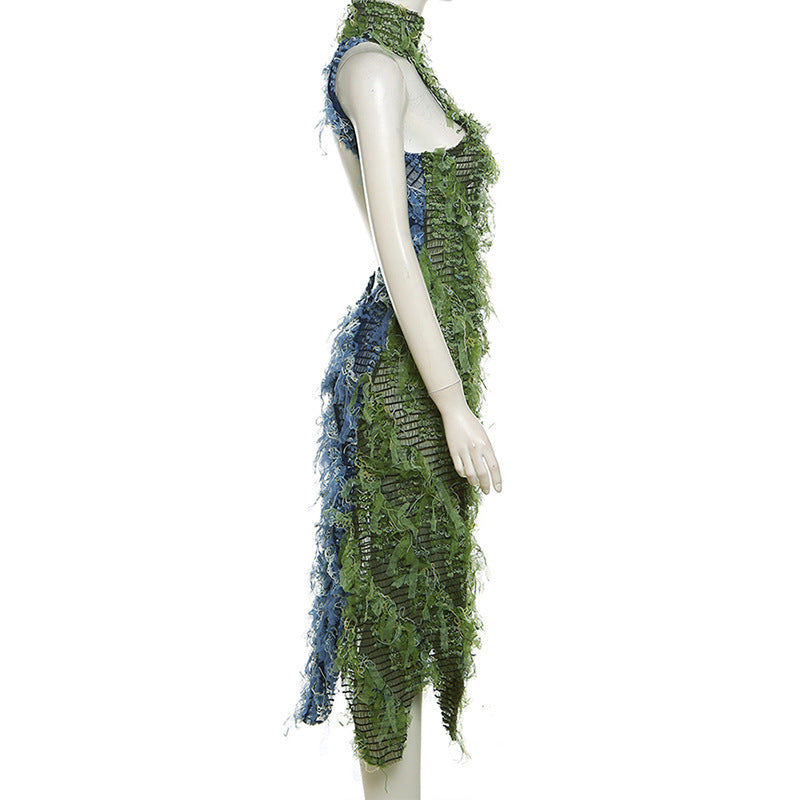 Fashion High Collar Hot Girl Hollow Backless High Waist Stitching Dress