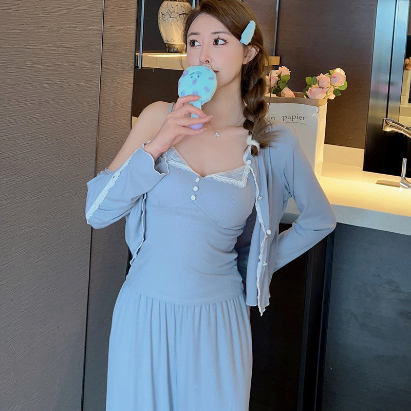 Modal Pajamas Suit Sling Nightgown Three-piece Set Can Be Outerwear Homewear