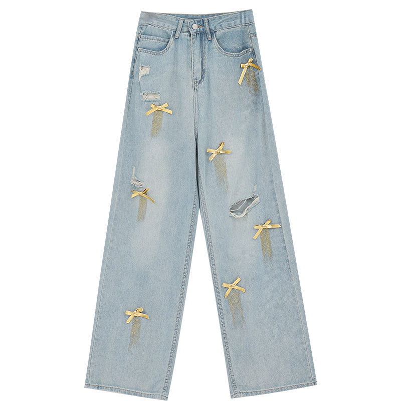 Retro Bow Wide-Leg Ripped Jeans – High Waist Straight-Leg Pants -SH-BT-021