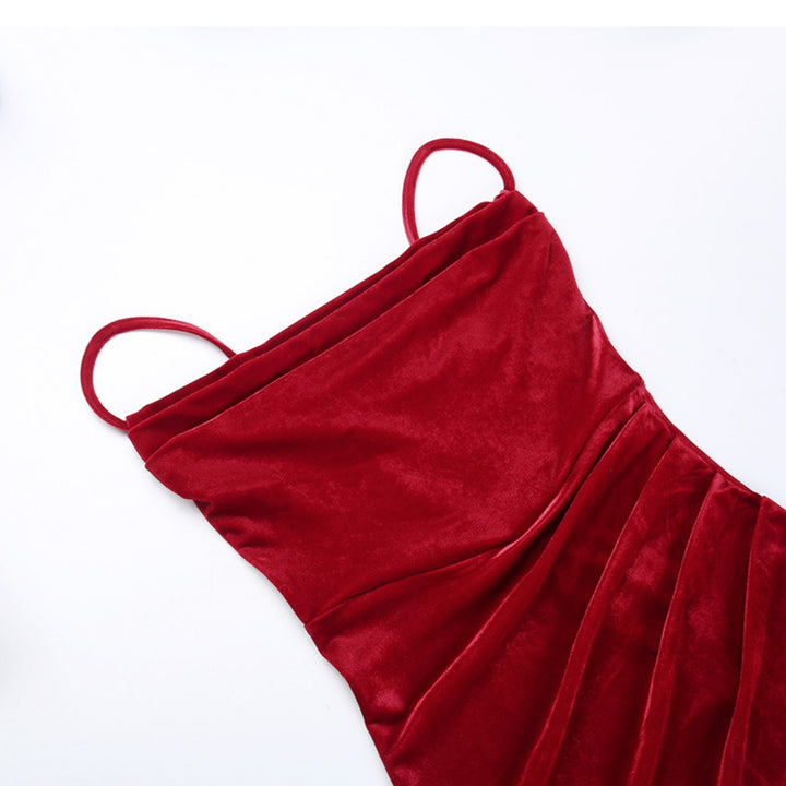 Christmas Red Dress With Waist Folds And Slit