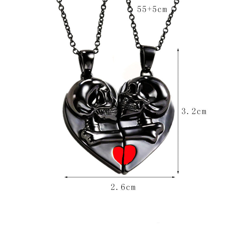 Punk Retro Skull Pendant Halloween Necklace Heart-shaped Magnetic Stitching Love Skull Couple Necklace - JOcaste