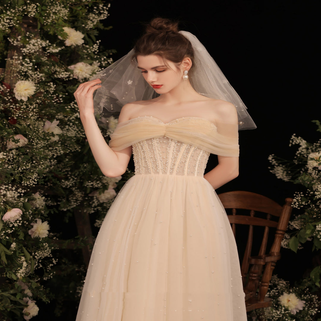 Wedding Dress Women's Off-shoulder Pearl Long Gauzy Skirt