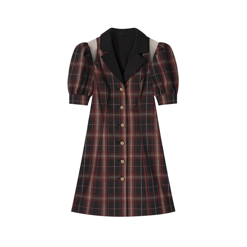 Contrasting Lapel Lapel Sweet Waist Ladies Retro Dress