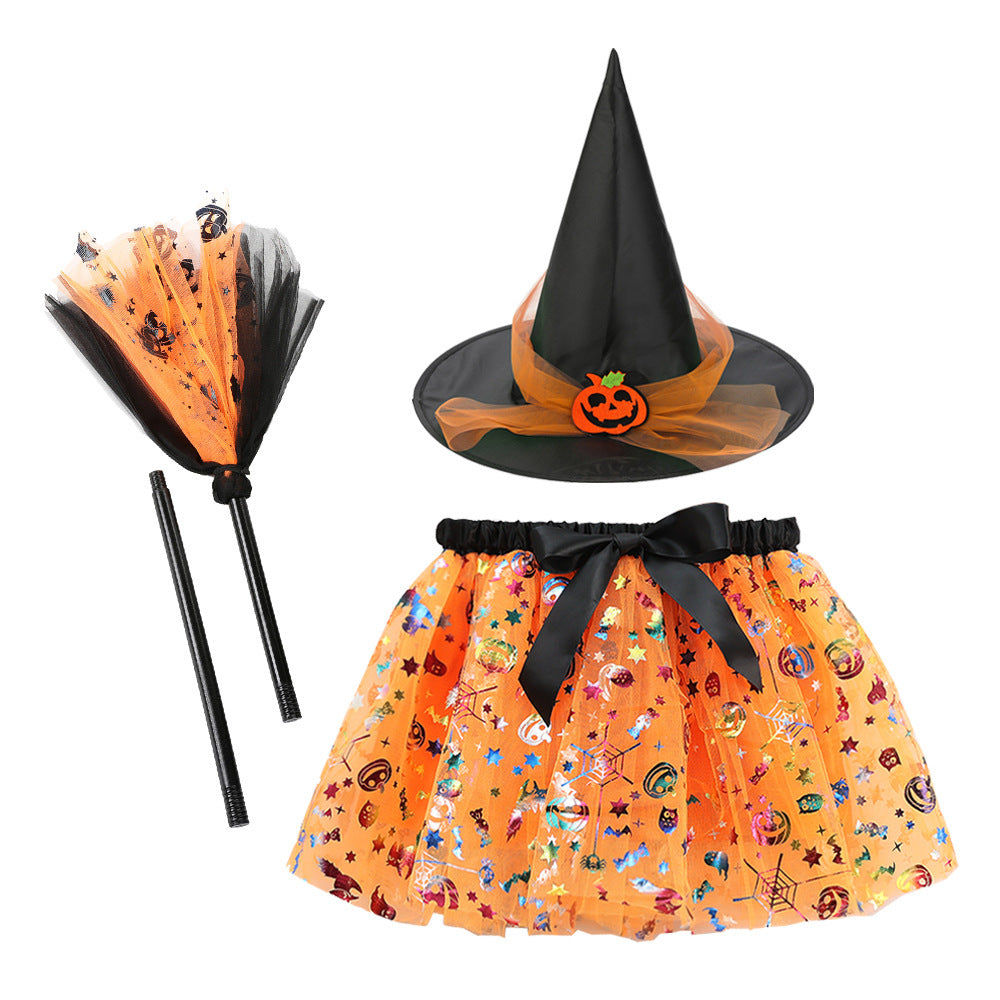 Halloween Printed Mesh Pumpkin Skirt For Girls