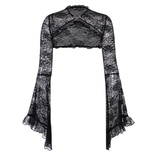 Flare Sleeve Sexy Lace Cut Out Cheongsam Button Silk Blouse