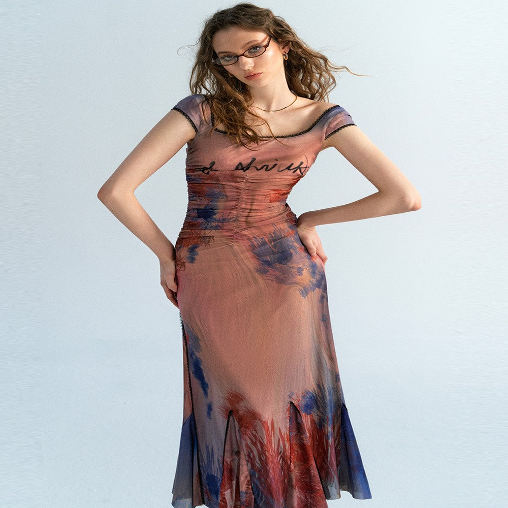 Low Saturation Colorful Original Oil Painting Printed Dress