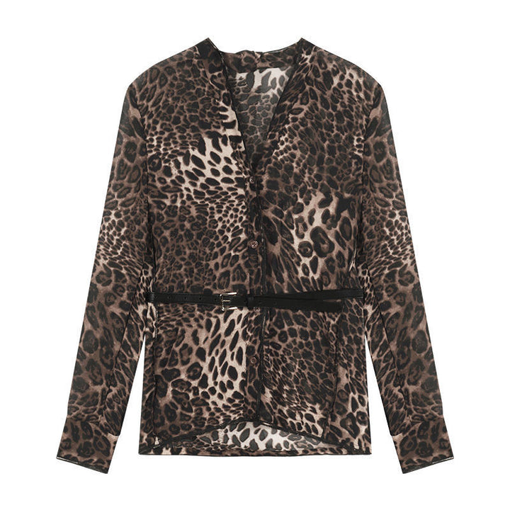 Leopard Print V-neck Long Sleeve Chiffon Shirt For Women