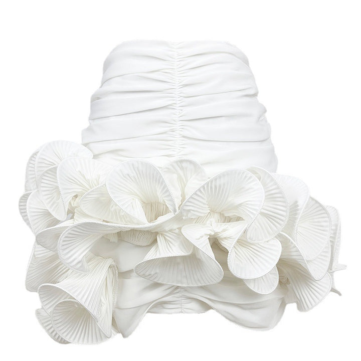 Skirt A- Line French Minority Design Heavy Industry Satin Pleated Three-dimensional Flower Hip Skirt