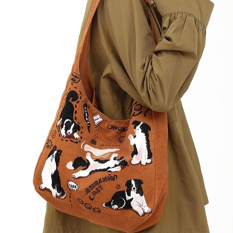 Retro Shoulder Puppy Printed Large Capacity Casual Canvas Bag
