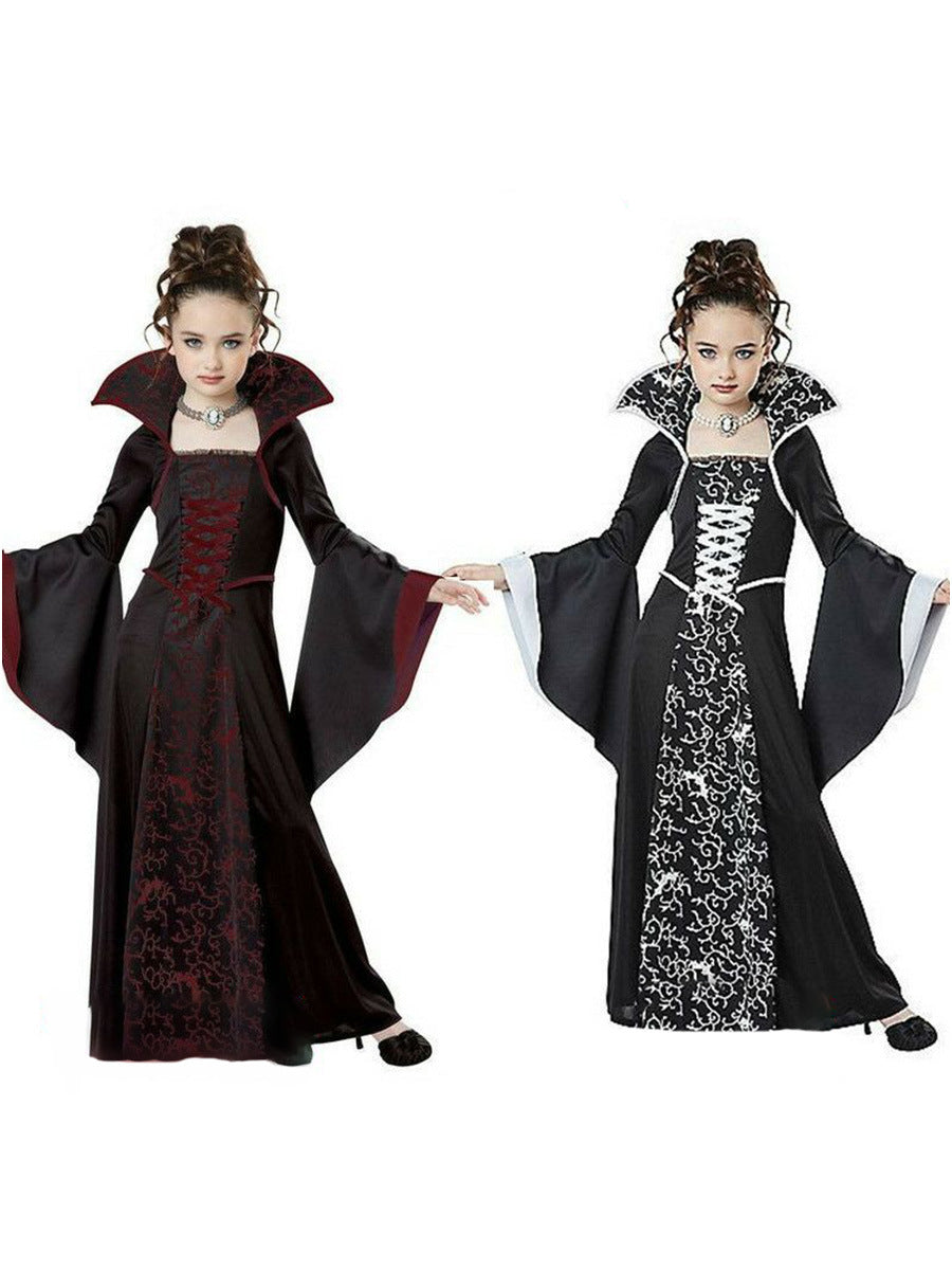 Children's Halloween Costume Witch Retro Lace Up Stand-up Collar Flared Sleeves Printed Maxi Dress - JOcaste