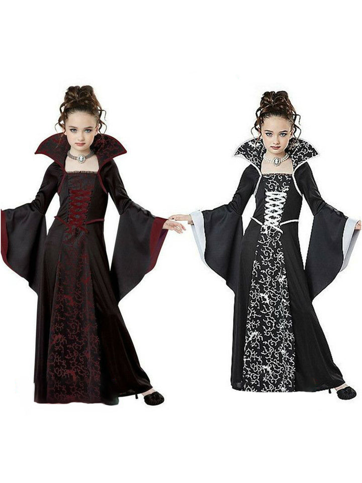 Children's Halloween Costume Witch Retro Lace Up Stand-up Collar Flared Sleeves Printed Maxi Dress - JOcaste