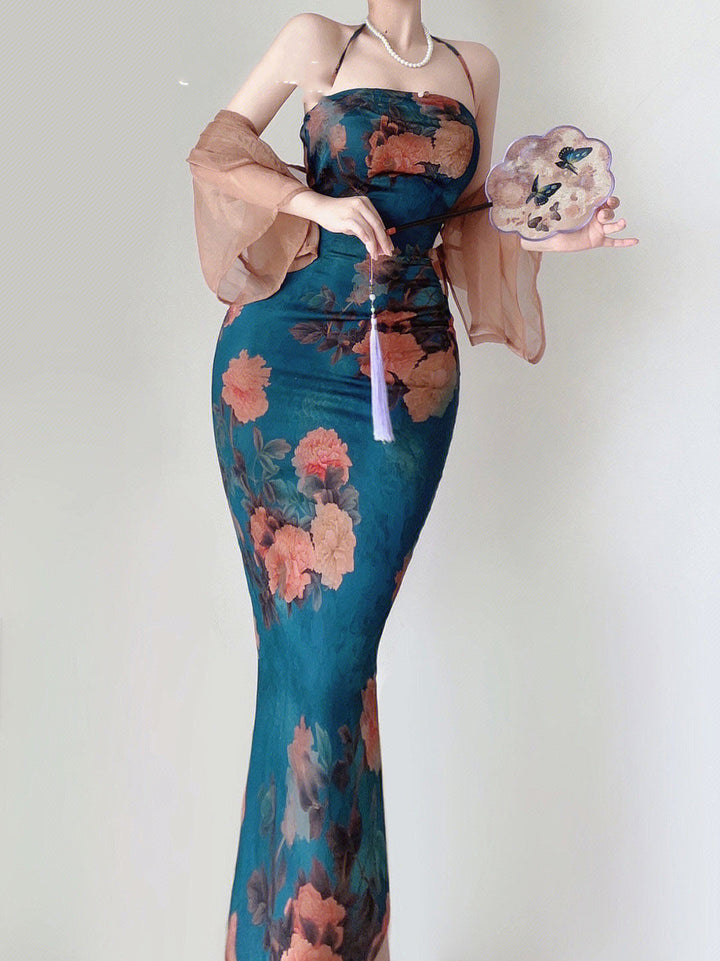Printed Buttocks Skirt Cardigan Set