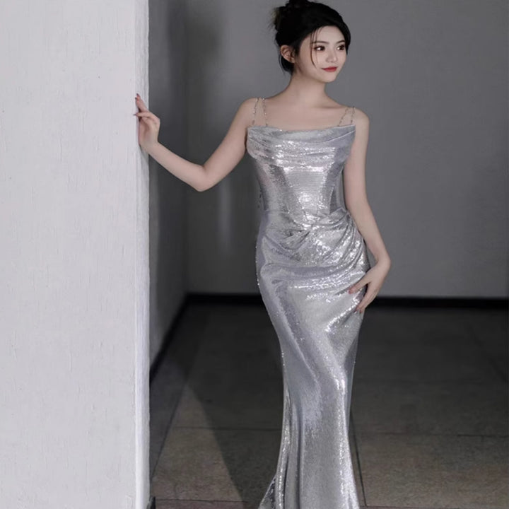 Bridal Sequined Silver Evening Dress With Sling For Host Banquet