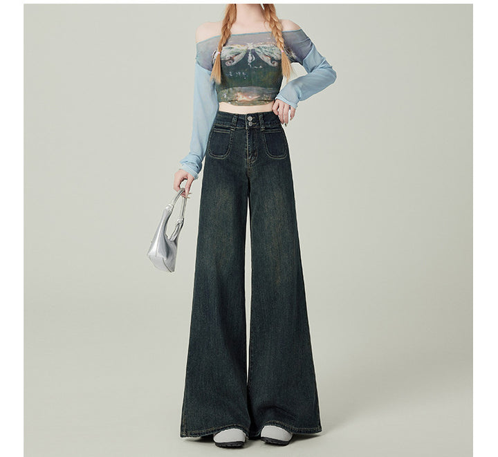 Women’s Vintage Blue High Waist Jeans – Distressed Multi-Pocket Denim-SH-BT-018