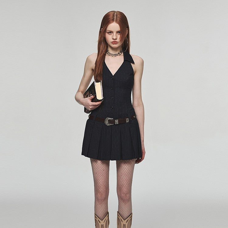 French Kikyo Hanging Neck Off Shoulder Spicy Girl Dress - JOcaste
