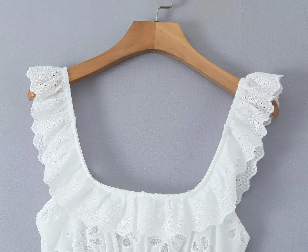 Hollow Out White Suspender Dress Women