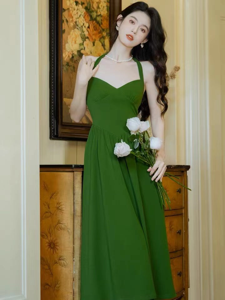 Vintage Dark Green Waistband Halter Dress