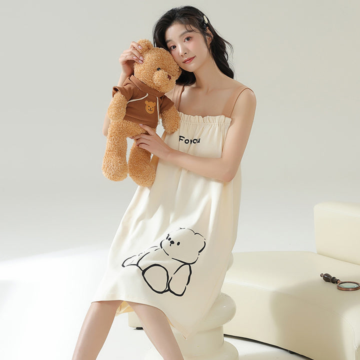 Summer Thin Cotton Homewear Cartoon Young Girl Mid-length Nightdress