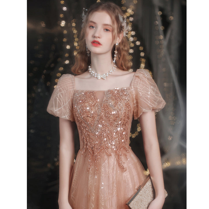 Golden Puff Sleeve Dress For Women's Banquet - JOcaste
