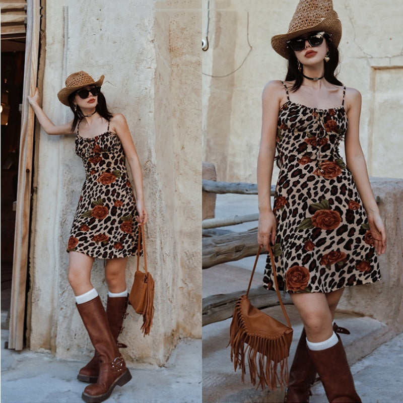 Vintage Leopard Print Printed Sling Short Dress