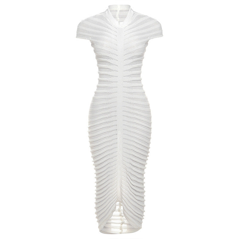 Short-sleeved Knitted High Collar High Waist Slim-fit Long Dress