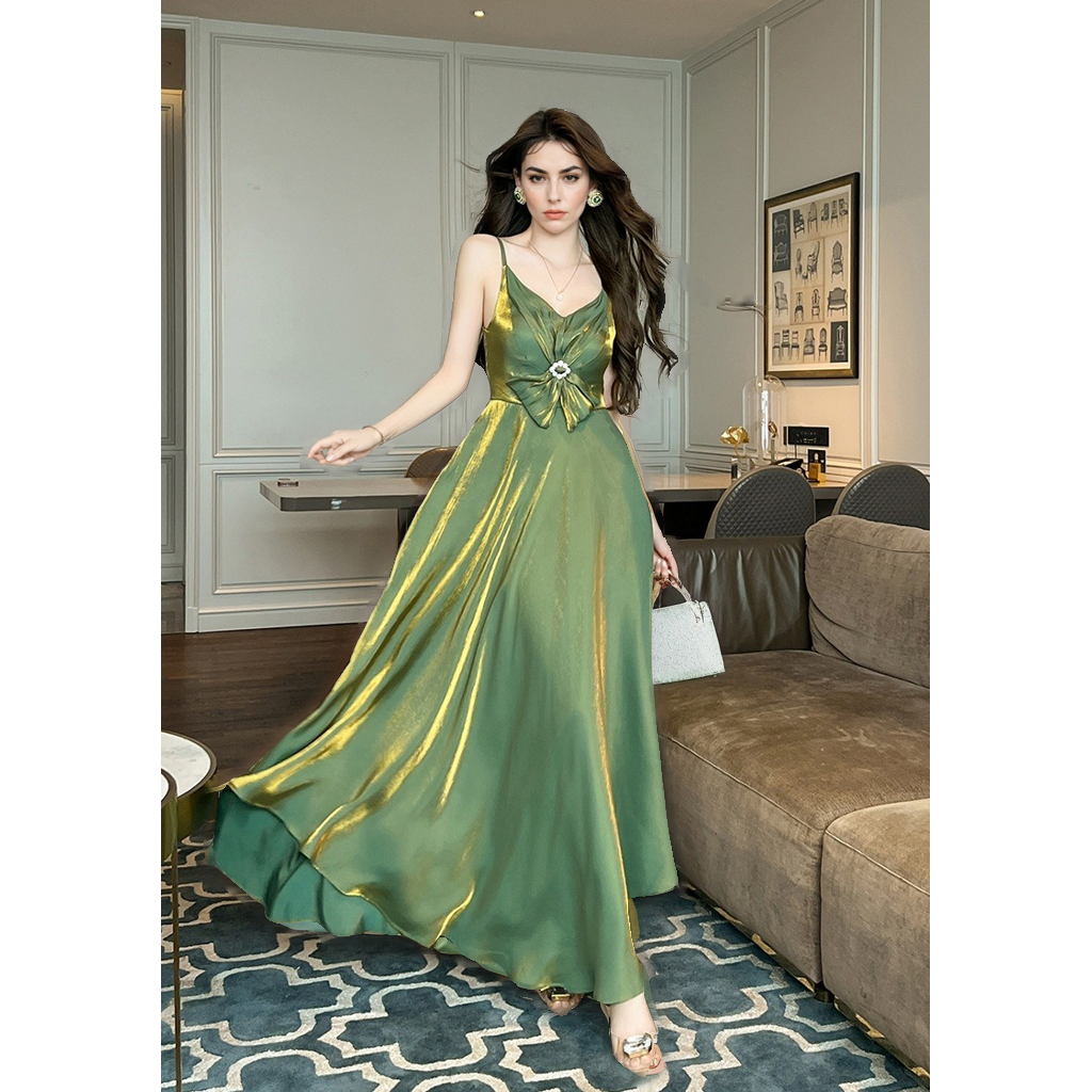 Streamer Green Irregular Swing Sling Dress – High Waist Sleeveless Summer Elegance-SH-DR-0118